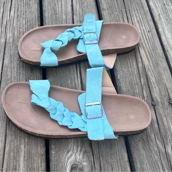 BRAIDED TEAL SLIP ON SANDALS WOMENS 10.5 THONG TOE WITH FLAT BUCKLE - Picture 3 of 6